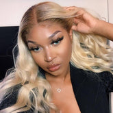 613 Honey Blonde Wig with #4 Dark Brown Root Wavy Transparent Lace Front Human Hair Wigs | SULMY.